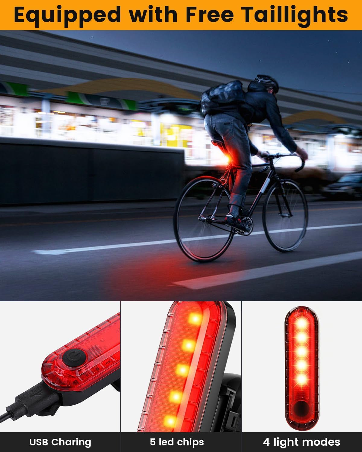 Bright Bike Light for Night Riding, USB Rechargeable Bicycle Light, Bicycle Headlight Set, Daytime Running Light, Waterproof Bike Headlight and Taillight for Adult Kid Mountain MTB Off-Road Cycling