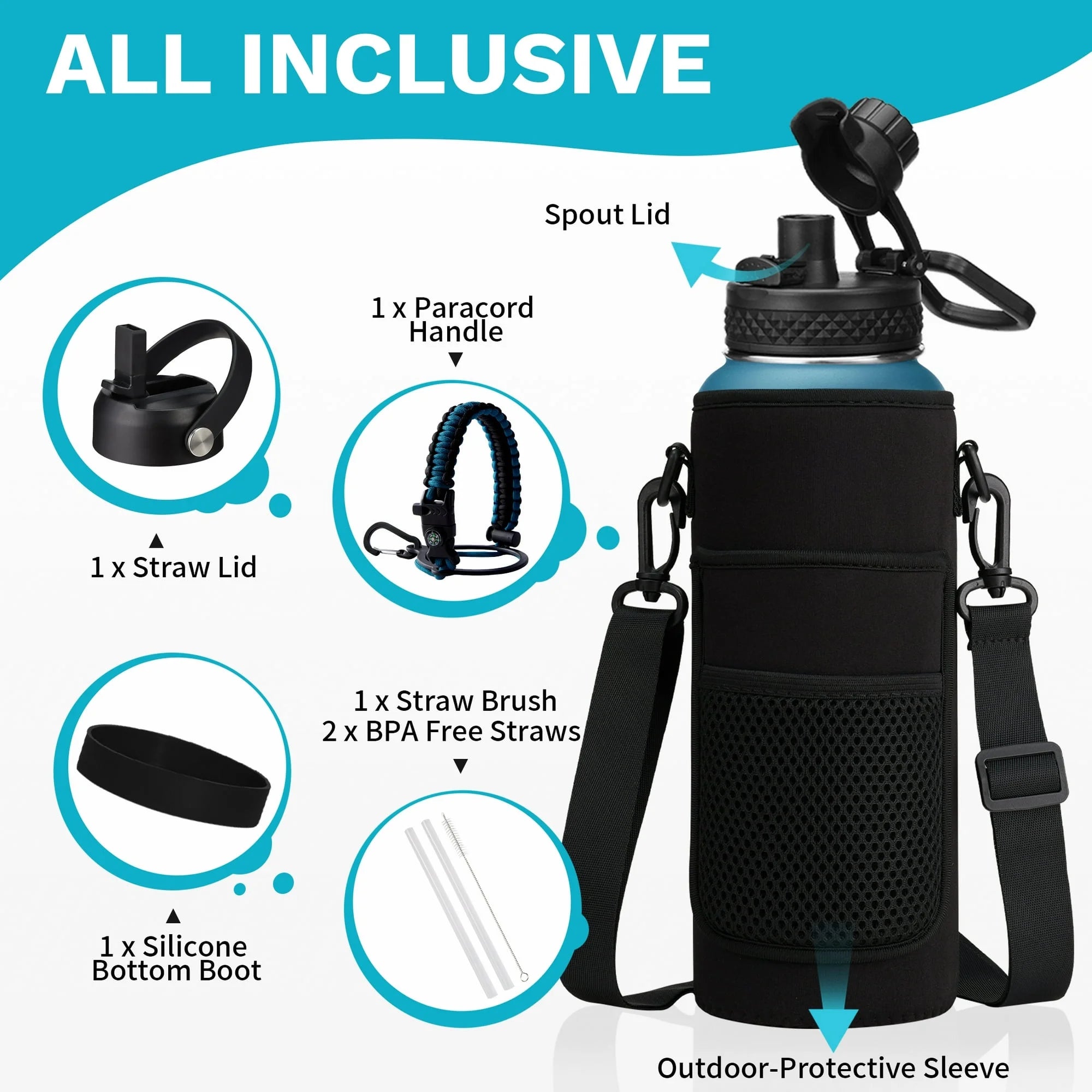 40 OZ Water Bottle with Straw - Auto Spout Lids, Paracord Handle, Carrier Bag, Flask Boot, Wide Mouth Stainless Steel Sports Water Bottles Thermal Water Flask Cold for 48H