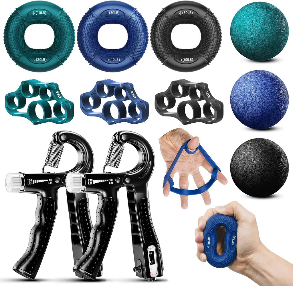 11PCS Grip Strength Trainer Kit with Adjustable Counting Hand Grippers | Complete Hand Workout Set with 10–130LB Adjustable Grippers, Grip Rings, Finger Exercisers Stress Balls for Forearm Training