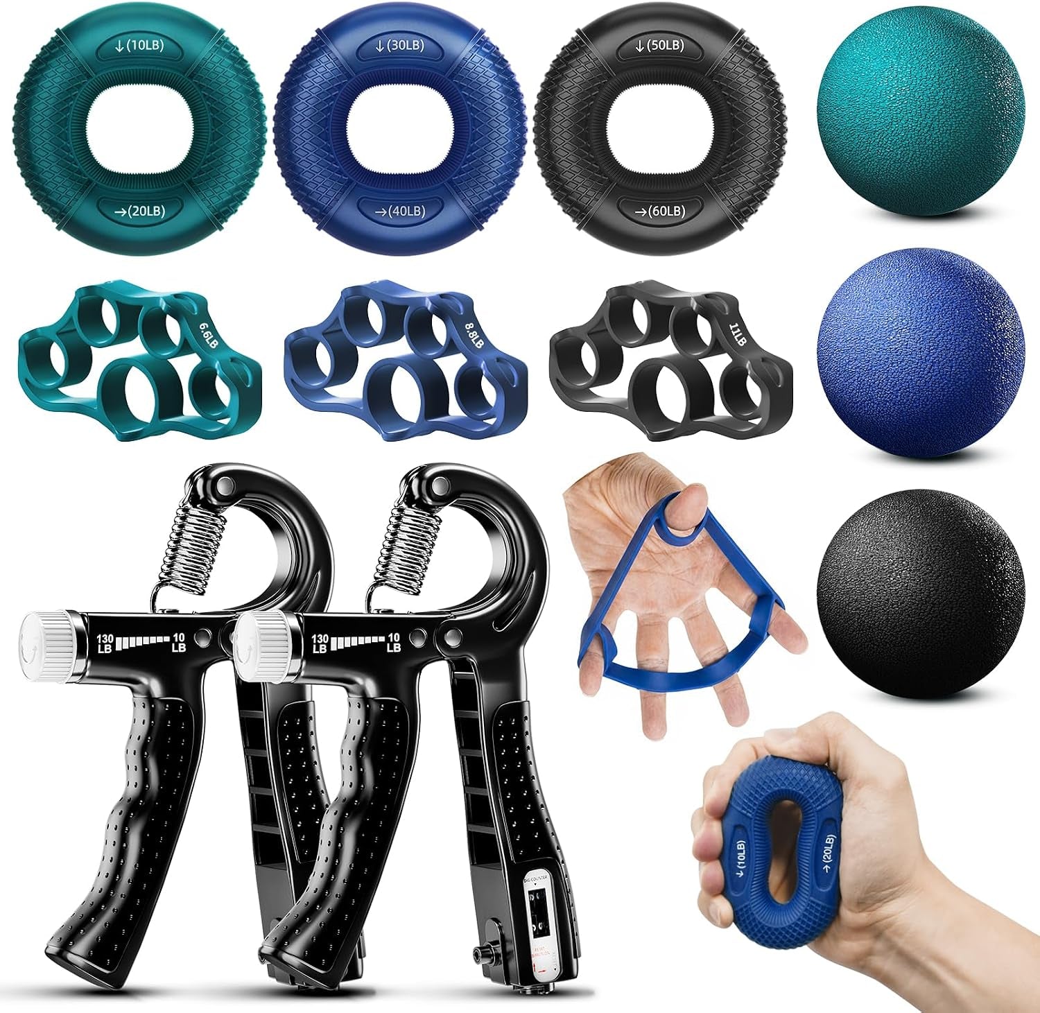 11PCS Grip Strength Trainer Kit with Adjustable Counting Hand Grippers | Complete Hand Workout Set with 10–130LB Adjustable Grippers, Grip Rings, Finger Exercisers Stress Balls for Forearm Training