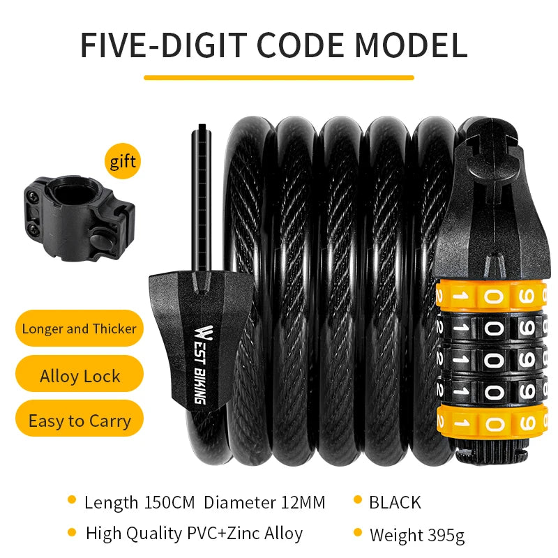WEST BIKING Bike Cable Lock MTB Road Bike Anti-Theft Safety Password Bicycle Locks for Scooter Motorcycle Bike Accessories