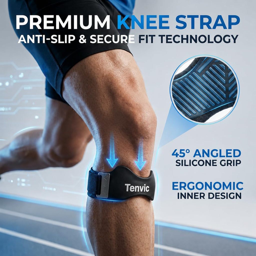 Patella Support Brace Silicone Pad Adjustable (Black) | Adjustable Patella Knee Strap with Silicone Pad Helps Support Knee Stability and Comfort during Running, Sports and Daily Use