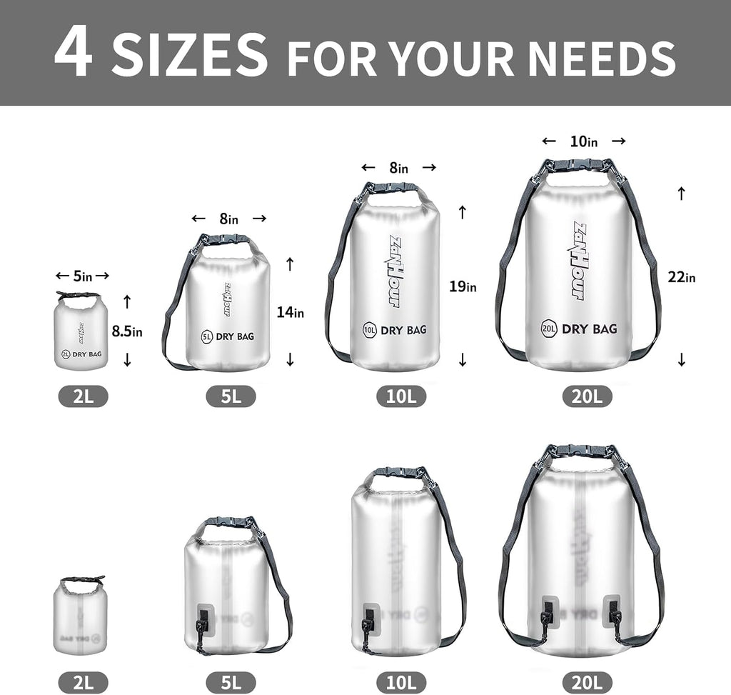 Waterproof Dry Bag - Roll Top Transparent Storage Bag,2L/5L/10L/20L,Suitable for Traveling, Swimming, Kayaking, Camping, Fishing, Rainy Day Trips