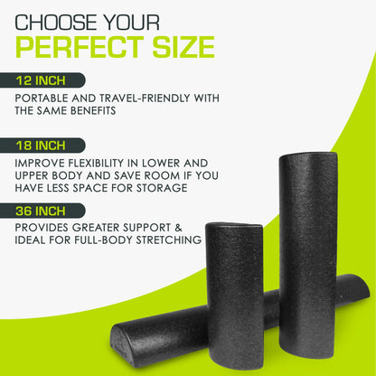 High Density Half-Round Foam Rollers 12”, 18", 36" Black