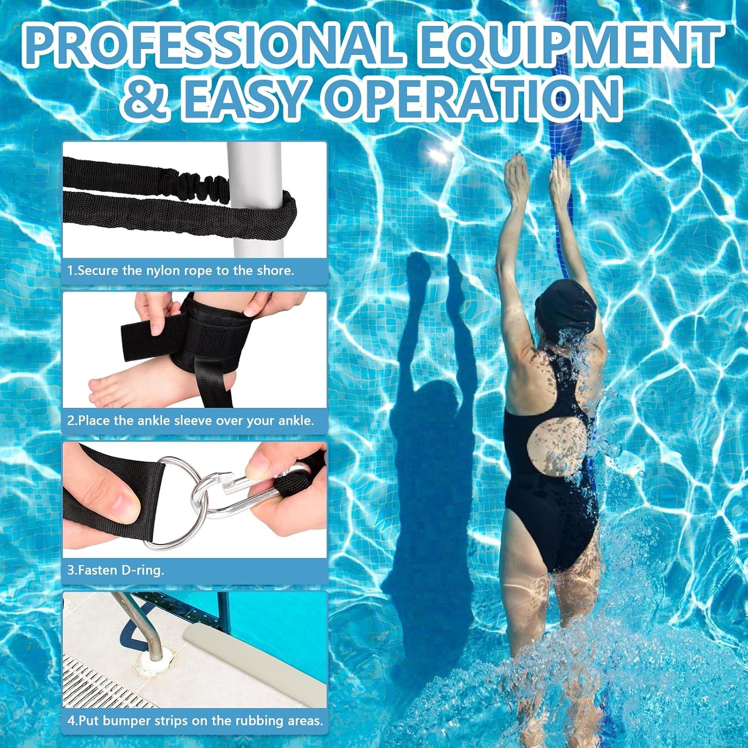 Swimming Training Belt - 4M Tether for Swim in Place, Stationary Harness, Aquatic Resistance Belt