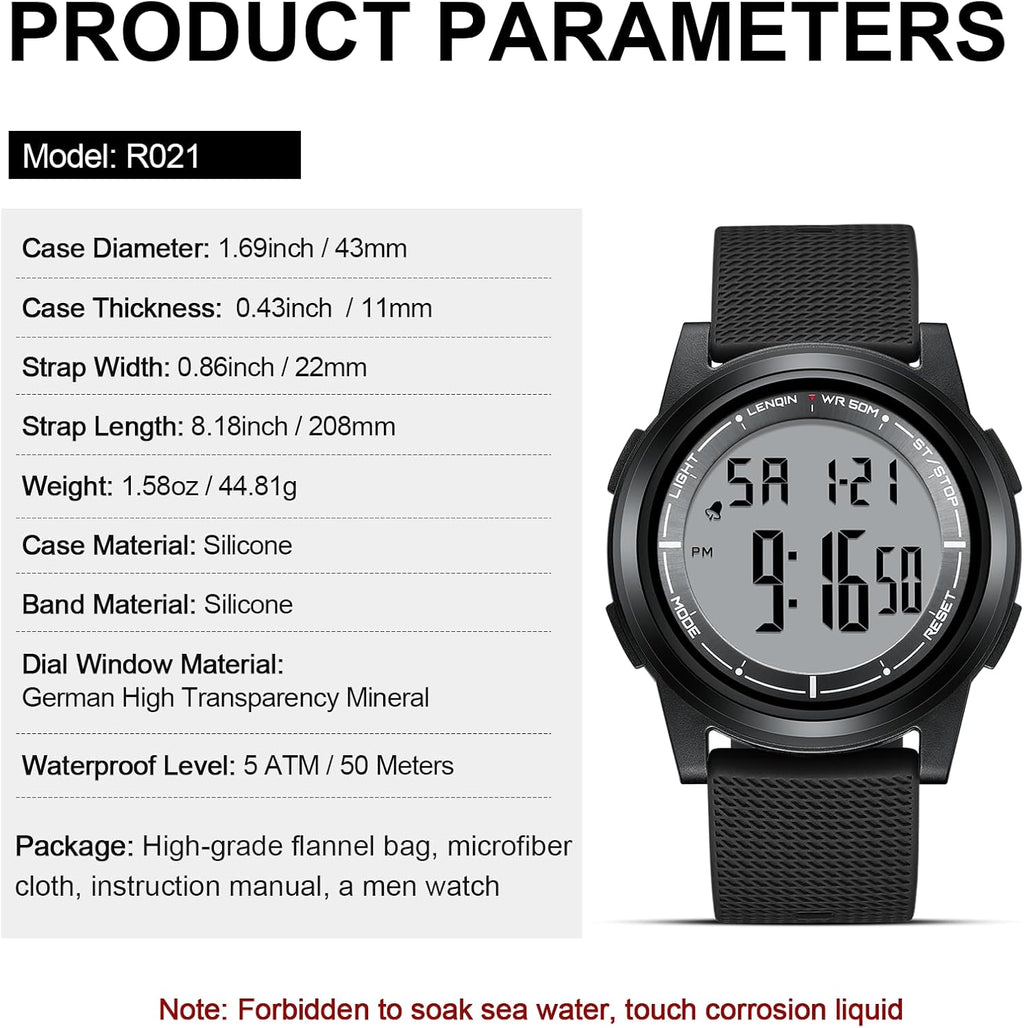 Mens Digital Watch Ultra Thin Sports Waterproof Watches for Men | Minimalist Outdoor LED Screen Large Face Wrist Watches for Men with Back Light Alarm Date Stopwatch Soft Silicone Band