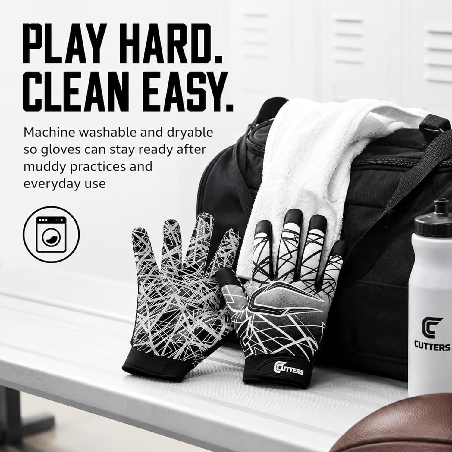 Football Gloves - Game Day Football Receiver Gloves with High Tack Silicone Grip, Superior Support and Protection - Black and White - Youth-Large
