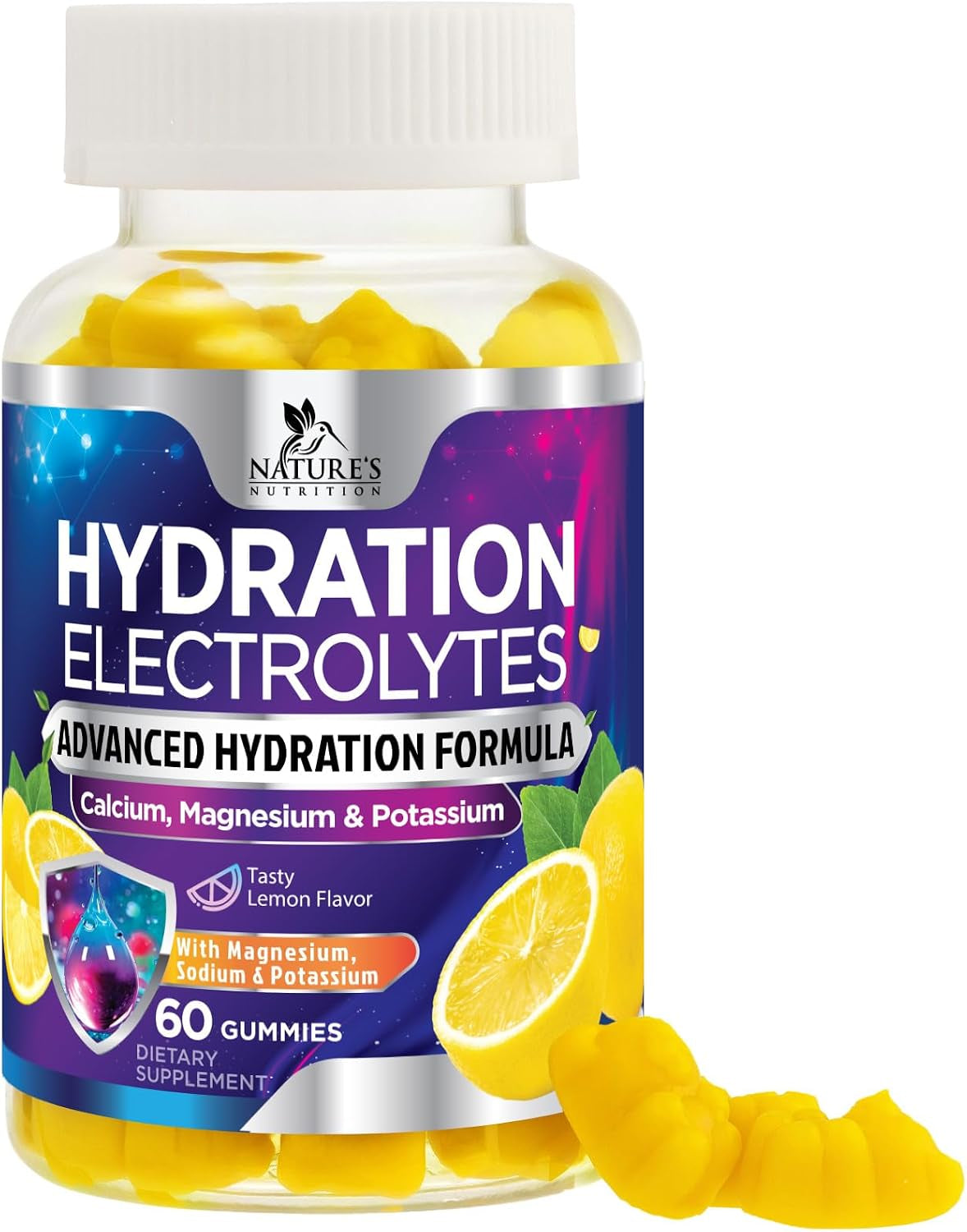 Hydration Electrolyte Gummies - Daily Liquid Replenisher Gummy - Electrolyte Multiplier with Minerals, Potassium & Real Salt - Vegan, Non-Gmo - Tasty Lemon Flavor Hydration Electrolytes - 60 Gummies