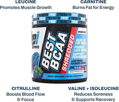 Best BCAA Shredded - Caffeine-Free Thermogenic Recovery Formula - BCAA Powder - Lean Muscle Building - Accelerated Recovery - Weight Loss - Hydration - Blue Raz - 25 Servings - 9.7 Oz.