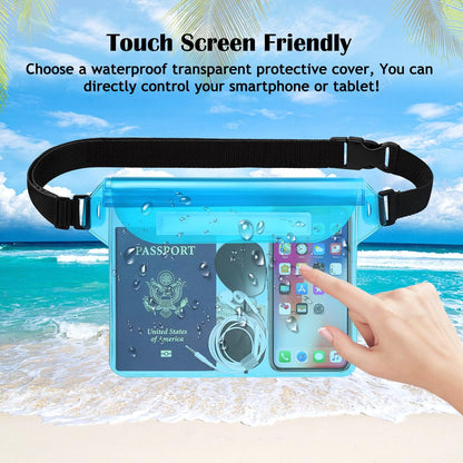 Waterproof Pouch with Waist Strap, Waterproof Fanny Pack Keep Phone Valuables Safe and Dry Beach Accessories for Vacation Boating Swimming Snorkeling Kayaking Pool(2 Pack,Blue+Pink)
