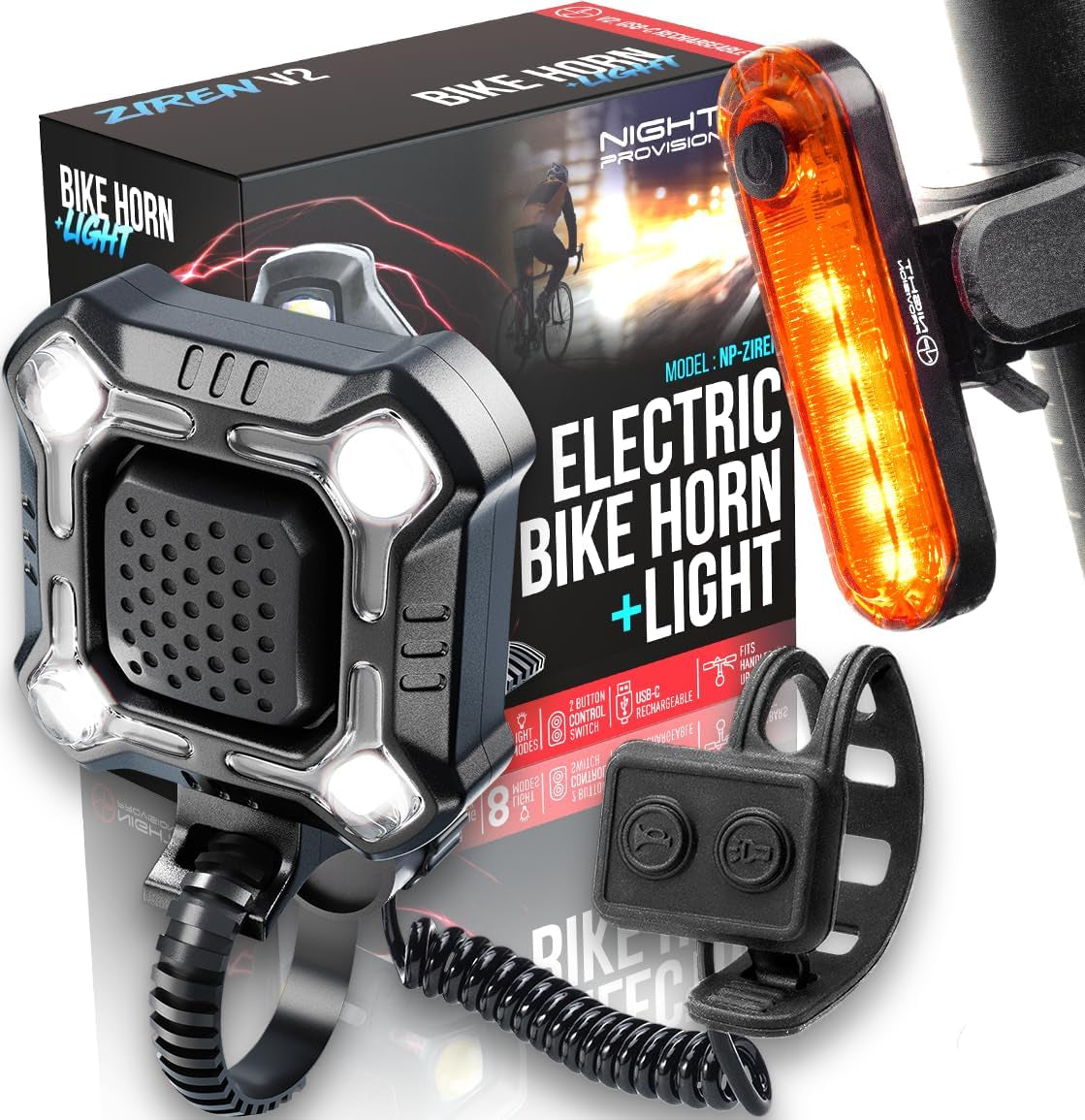 [New 2025] ZIREN 120-140Db High-Traffic Bike Horn &amp; LED Light - Loudest Electric