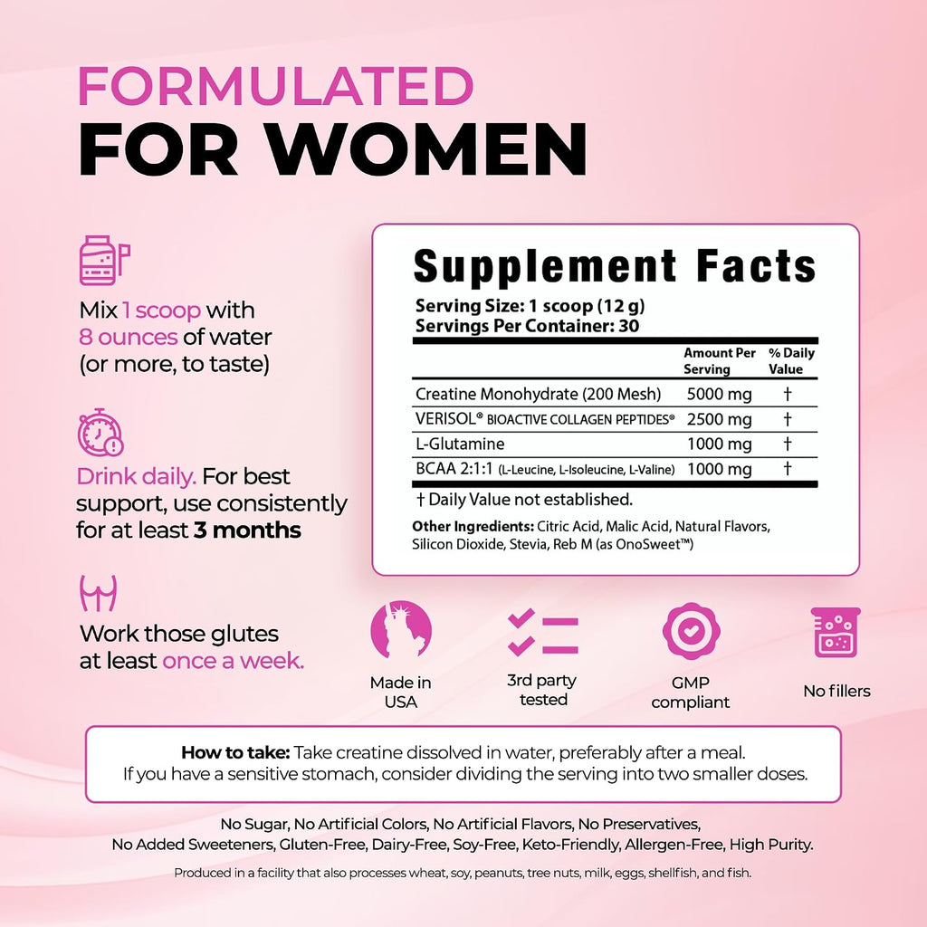 Creatine for Women – Supplement with Collagen & BCAA – Supports Muscle Development, Post-Workout Recovery, Skin Elasticity, Healthy Hair & Nail (30 Servings, Unflavored)