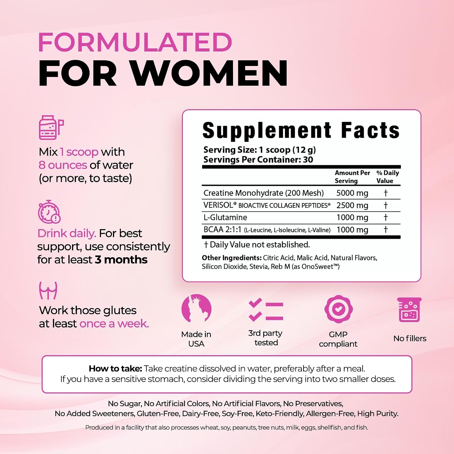 Creatine for Women – Supplement with Collagen & BCAA – Supports Muscle Development, Post-Workout Recovery, Skin Elasticity, Healthy Hair & Nail (30 Servings, Unflavored)