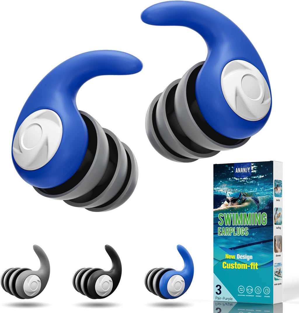 Waterproof Swimming Ear Plugs for Adults Kids, 3 Pairs Reusable Silicone | Reusable Swim Earplugs for Pools, Surfing, Diving, Showering and Water Sports, Keep Water Out and Ear Protection