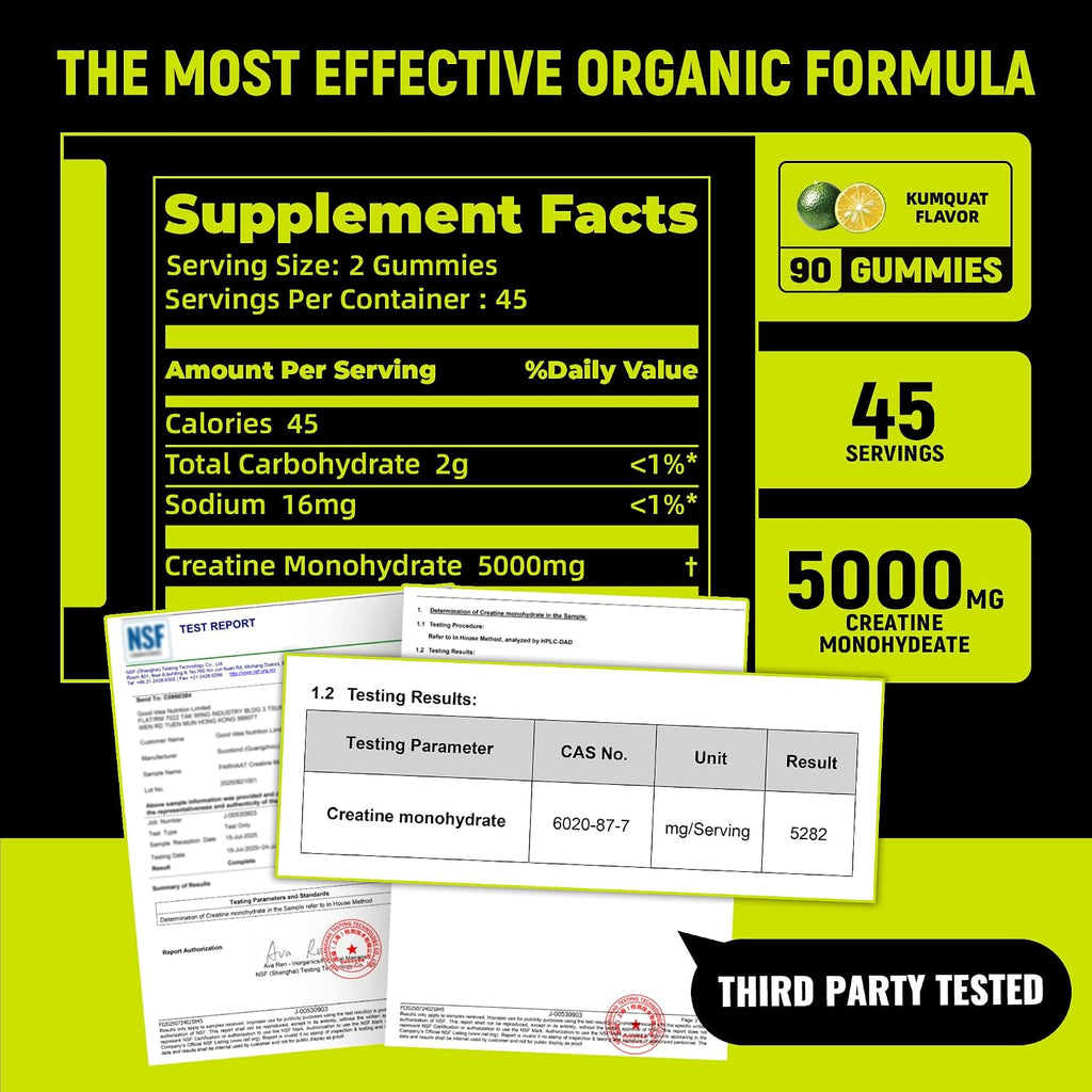 NSF Certified Creatine Gummy - Creatine Monohydrate Gummies 5G for Men & Women - Boost Focus,Strength, and Endurance, Vegan, Gluten-Free, Non-Gmo, 2.5 Gram Creatine per Gummy (Kumquat 90 Ct)