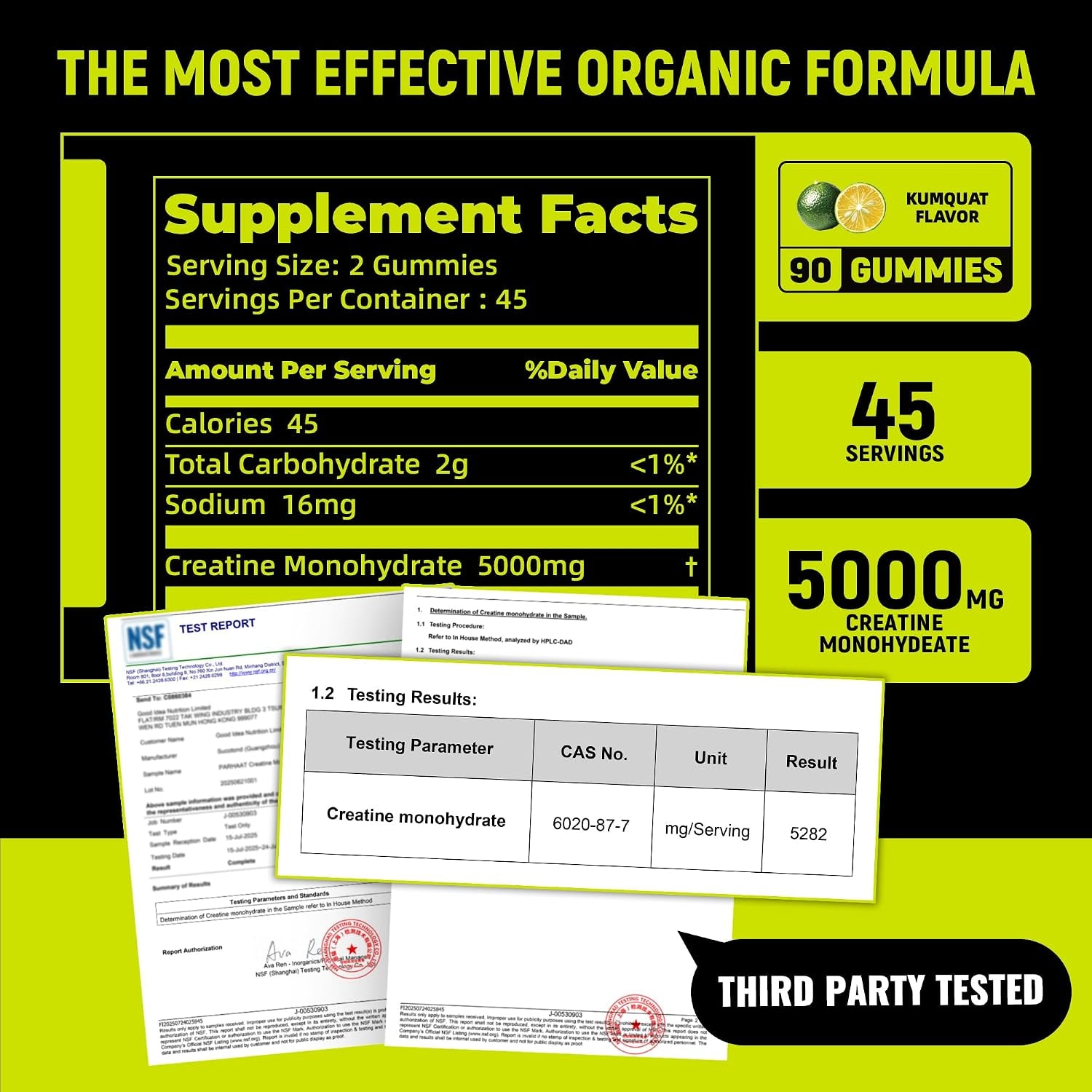 NSF Certified Creatine Gummy - Creatine Monohydrate Gummies 5G for Men & Women - Boost Focus,Strength, and Endurance, Vegan, Gluten-Free, Non-Gmo, 2.5 Gram Creatine per Gummy (Kumquat 90 Ct)