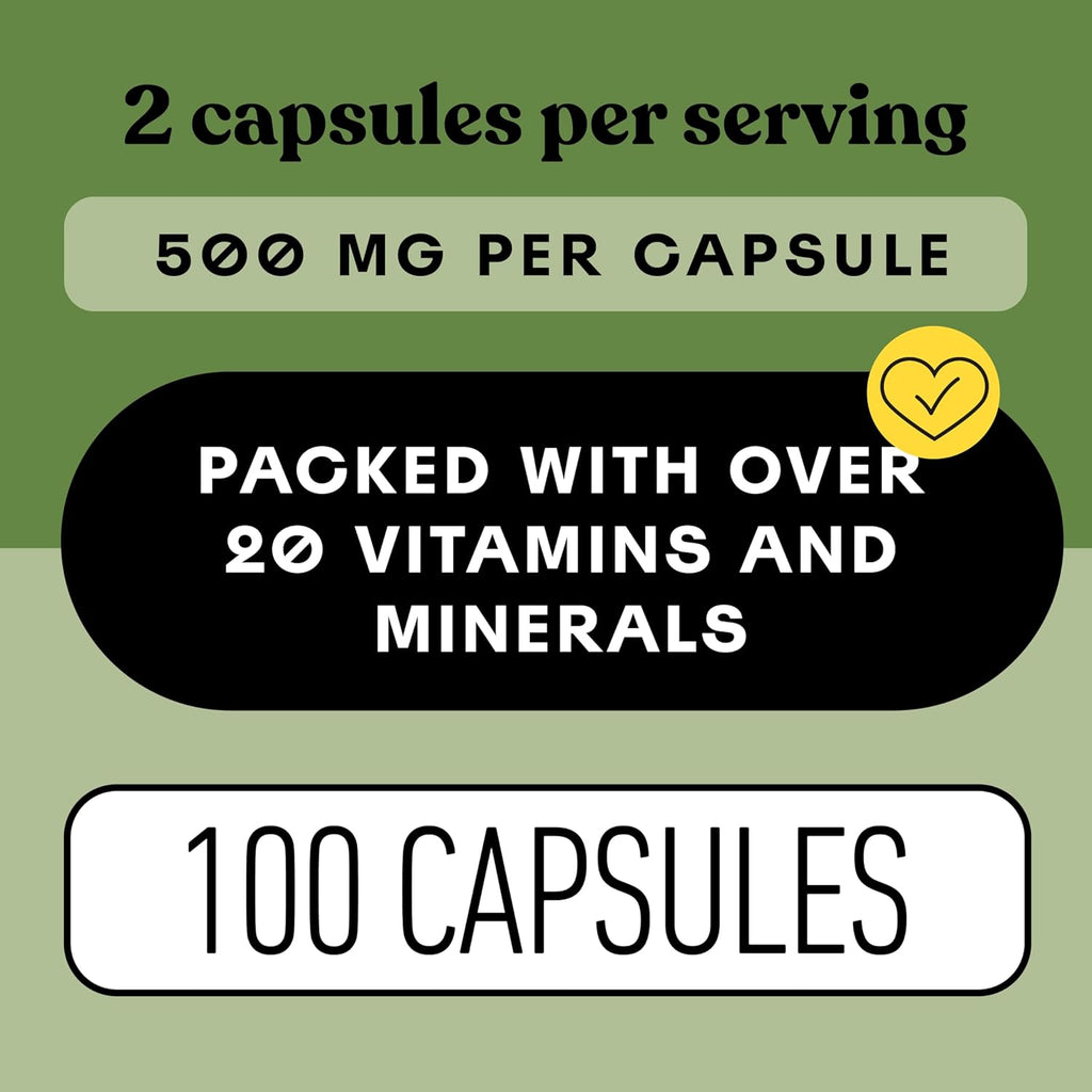 Organic Chlorella Capsules, 500Mg, 100Ct, Pure Green Algae Superfood, Detox & Immune Support, Vitamin B12 & Chlorophyll Rich, Plant-Based, Vegan, Non-Gmo