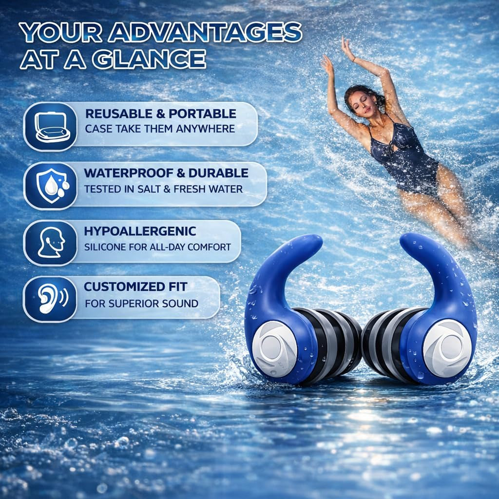 Waterproof Swimming Ear Plugs for Adults Kids, 3 Pairs Reusable Silicone | Reusable Swim Earplugs for Pools, Surfing, Diving, Showering and Water Sports, Keep Water Out and Ear Protection