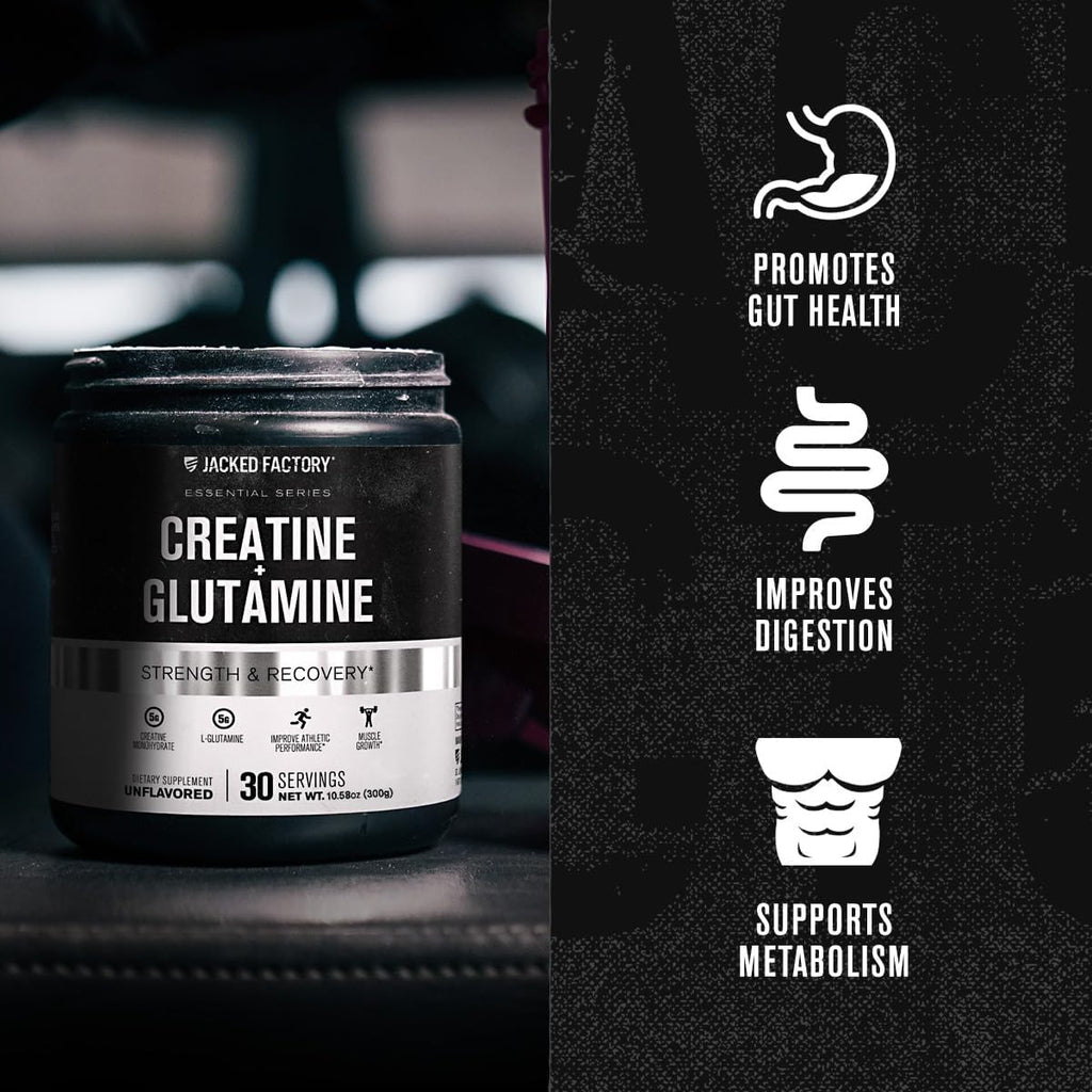 Creatine + Glutamine - Creatine Supplement with L-Glutamine for Muscle Recovery, Muscle Growth, Increased Strength, Enhanced Energy Output, and Gut Health - 30 Servings, Unflavored