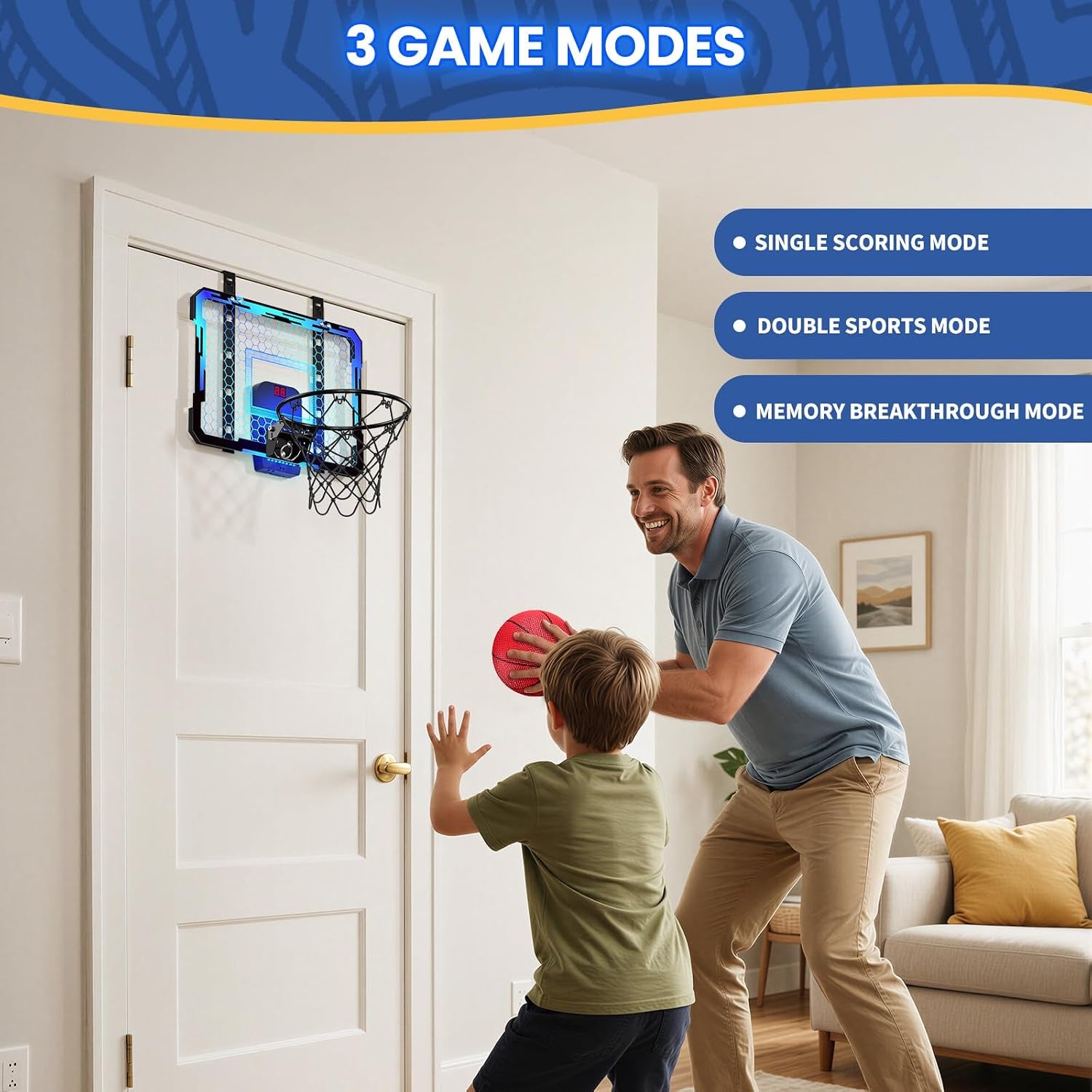 Mini Basketball Hoop with Scoreboard & 7 LED Lighting | over the Door Indoor, with 3 Balls/Inflator/Breakaway Rim, Basketball Toy Gifts for Kids Adults, Suit for Bedroom/Office