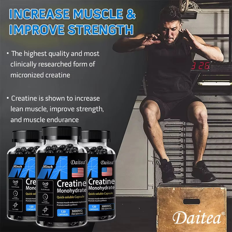 Creatine Monohydrate - Promotes Muscle Mass, Muscle Strength and Athletic Performance, 30/60/120 Capsules, Non-Gmo, Gluten-Free