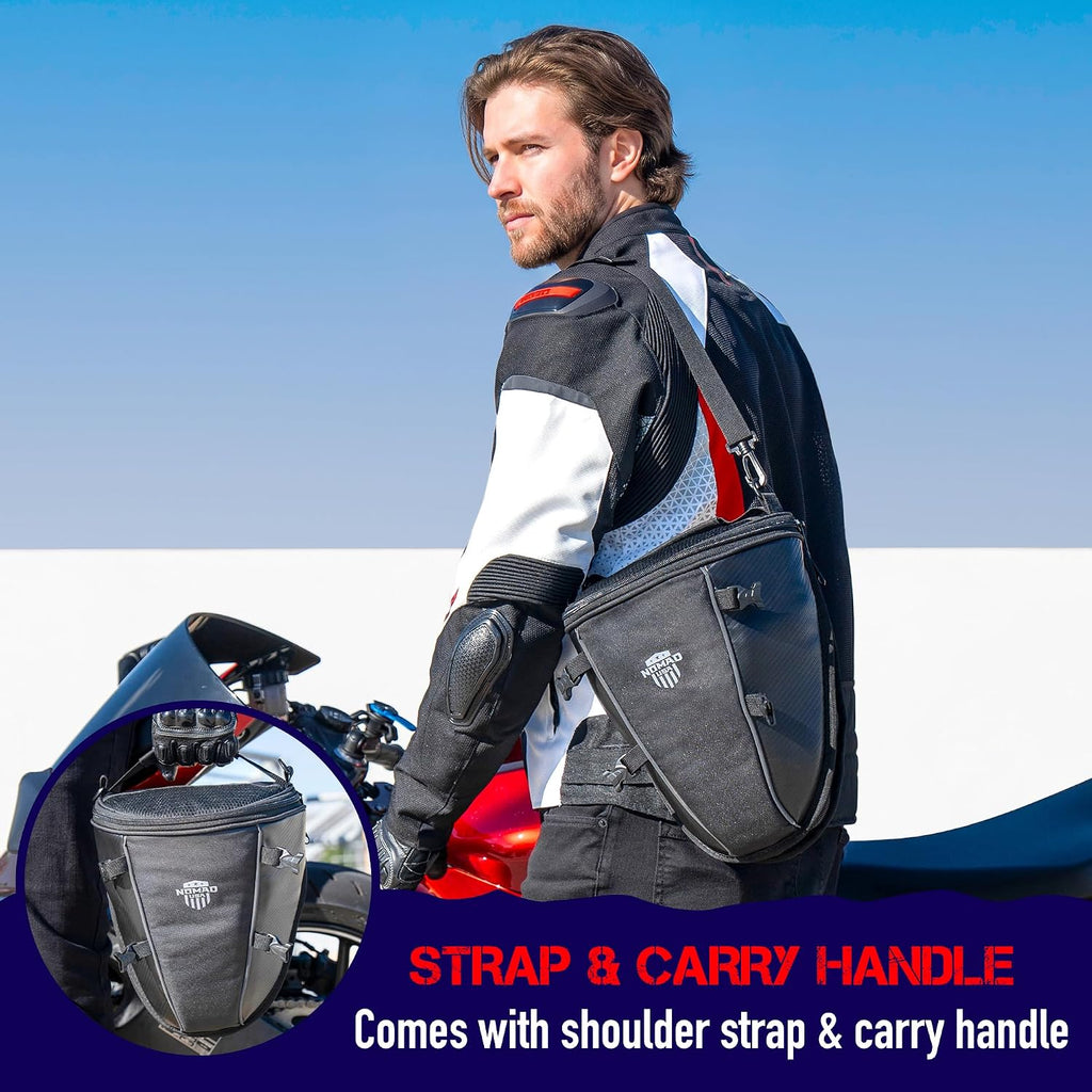 Motorcycle Tail Bag, Waterproof Street Sportsbike Rear Rack/Seat Bag Converts to Shoulder Bag, 10-15L Expandable Tail Tank Tool Pouch/Handle Carry Bag with Rain Cover, Mounting Straps