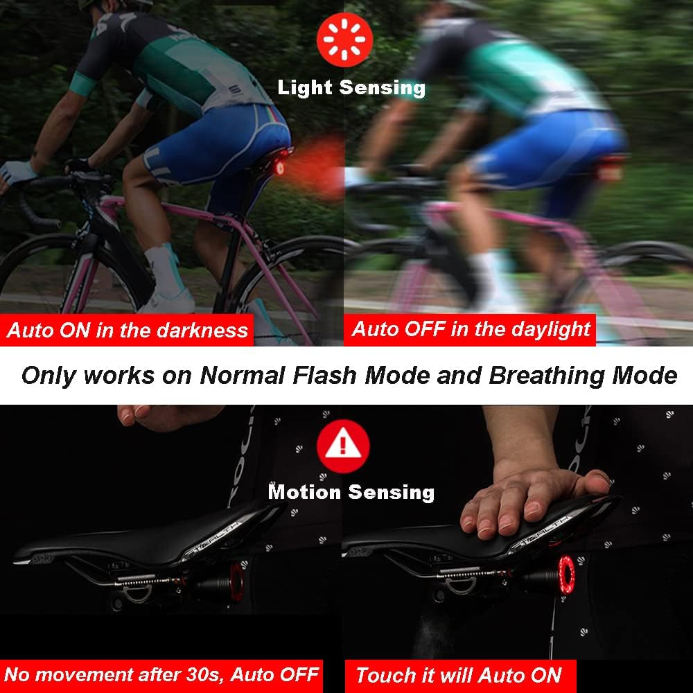 Smart Brake Sensing Rear Bike Lights, Auto Light Sensing Bike Tail Light, IPX6 Waterproof, Ultra Bright LED Taillights, Rechargeable Safety Road Back Bicycle Lights for Night Riding