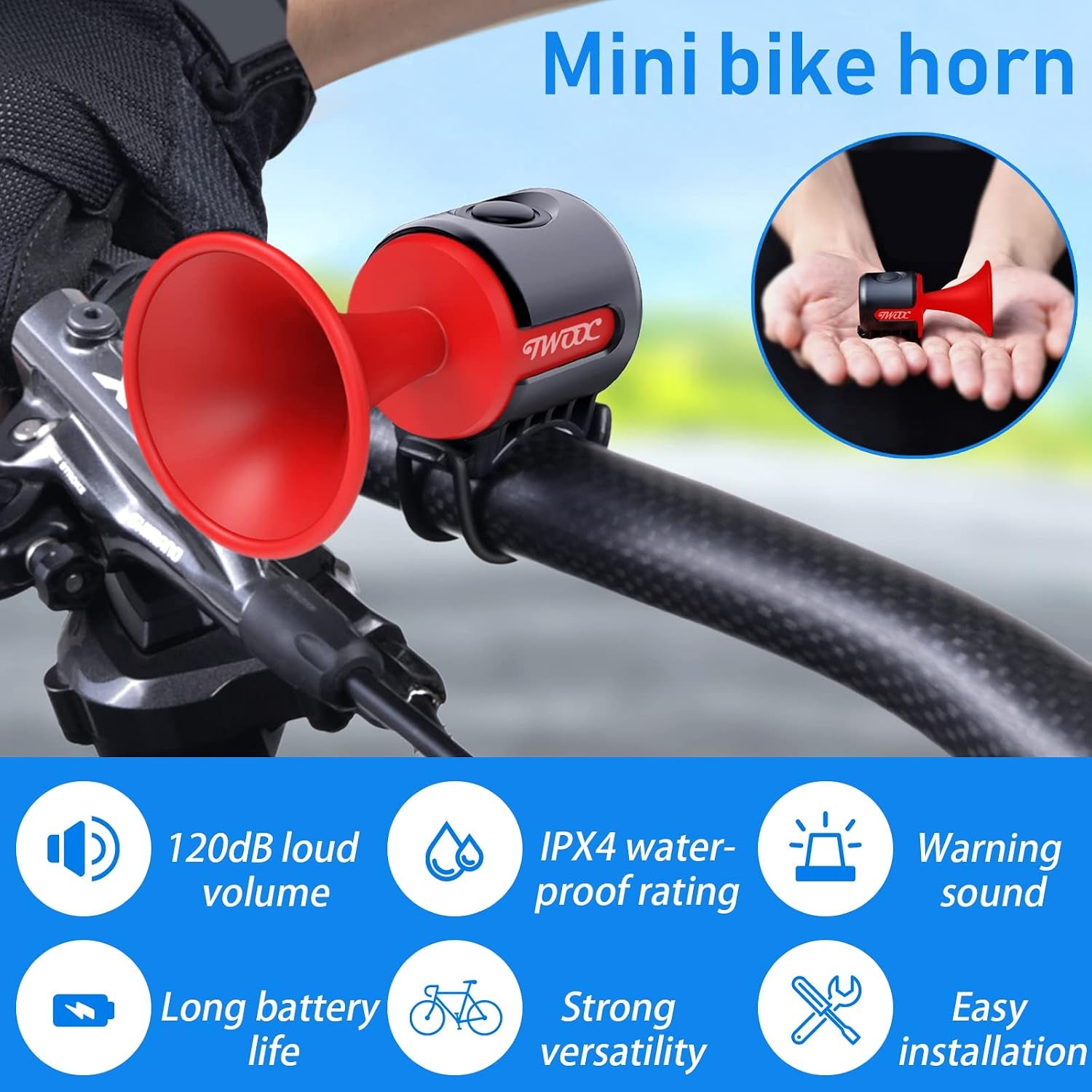 Bike Horn,120Db Bicycle Bells IPX4 Waterproof Bike Bell with 300Mah Battery Operated Electric Horn for Mountain/Road Bike/Scooters Adult and Kids