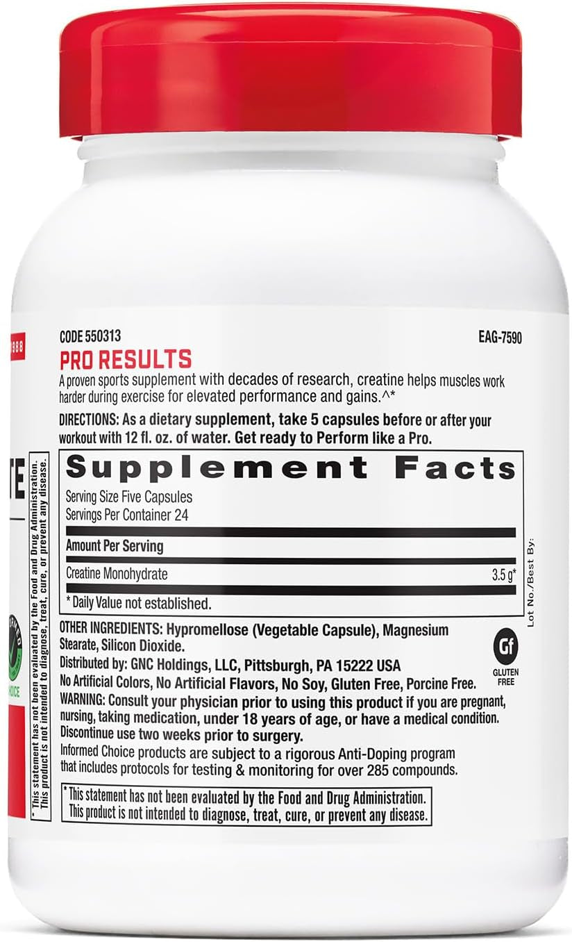 GNC Pro Performance Creatine Monohydrate, Improves Muscle Building, Endurance, Performance, 3.5G, 120 Capsules