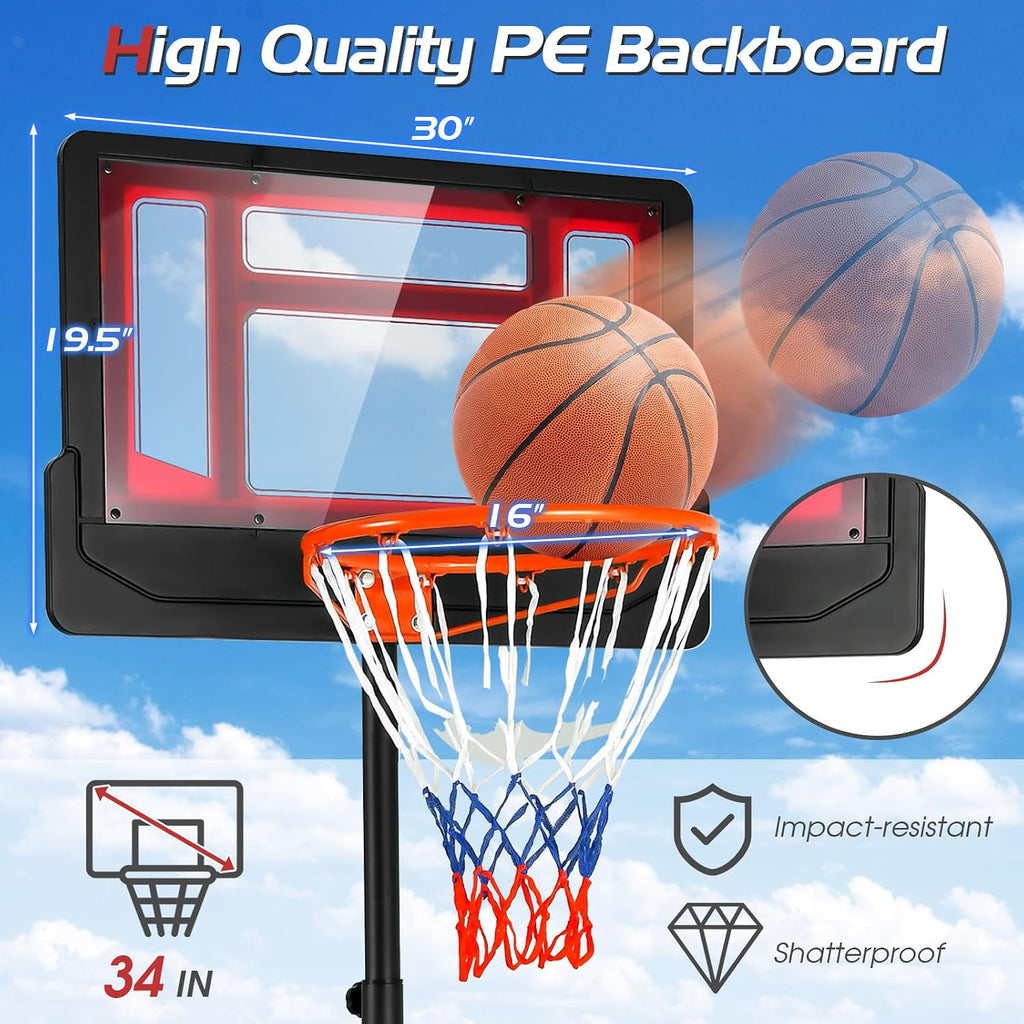 Basketball Hoop Outdoor Indoor, 4.3 FT-8.2 FT Height Adjustable Basketball Goal Court System W/Fillable Base, Backboard & 2 Wheels, Portable Basketball Hoop for Kids Backyard Driveway