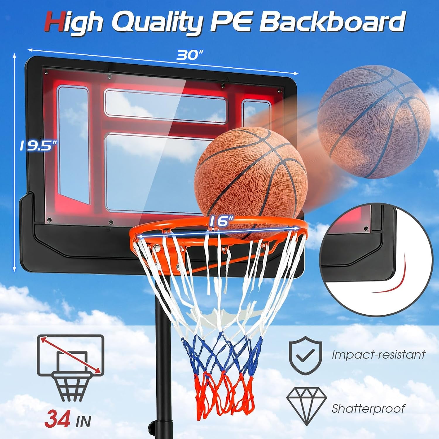 Basketball Hoop Outdoor Indoor, 4.3 FT-8.2 FT Height Adjustable Basketball Goal Court System W/Fillable Base, Backboard & 2 Wheels, Portable Basketball Hoop for Kids Backyard Driveway