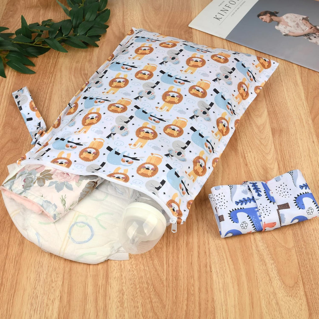Mess-Proof Waterproof Wet Dry Bag,2 Pack Reusable Wet Bags for Swimsuits& Baby Clothes,Leakproof Wet Bag for Travel & Diaper Changes for Baby-Dinosaur,Lion