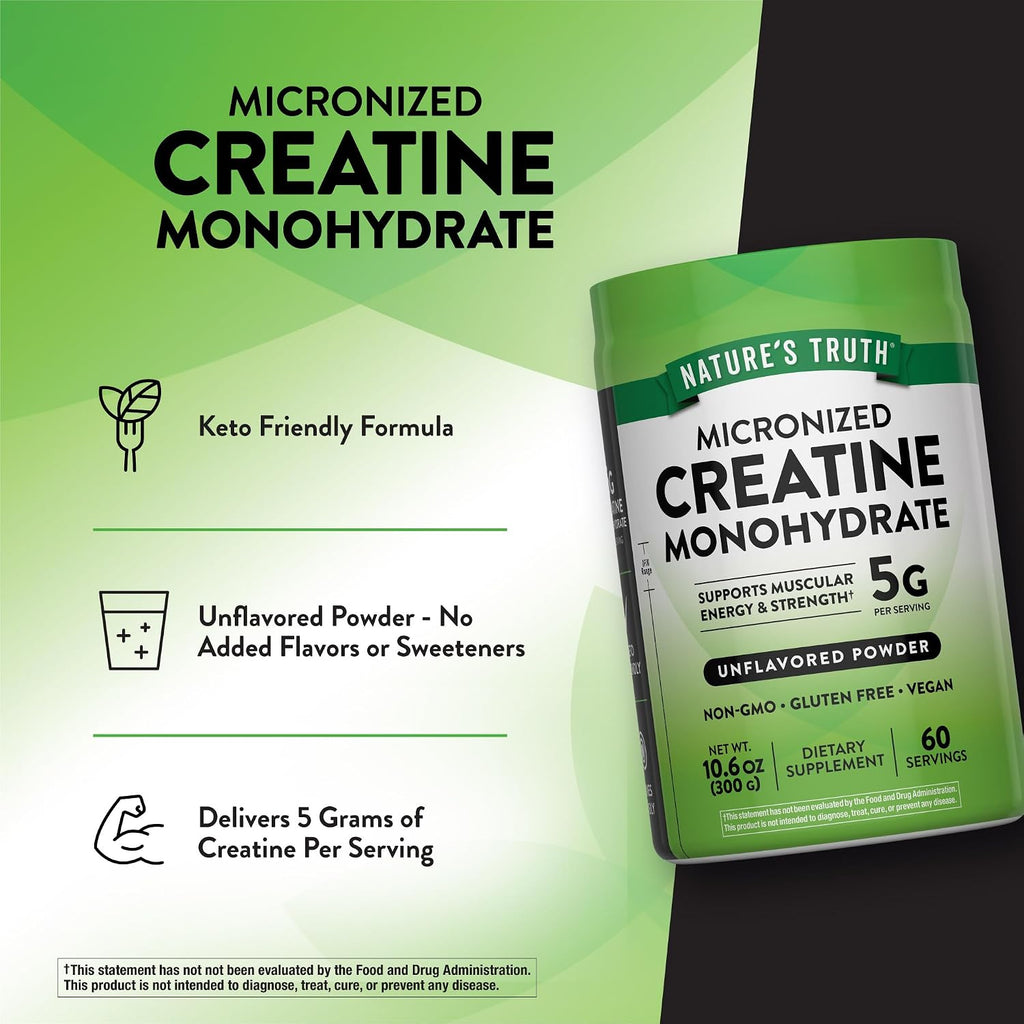 Creatine Powder | Unflavored | 60 Servings | 5 G Micronized Creatine Monohydrate | Keto Friendly, Vegan, Non-Gmo & Gluten Free Supplement