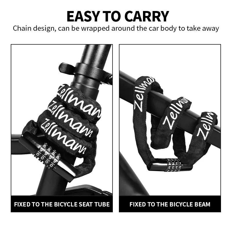 ZELLMANN Anti-Theft Motorcycle Bicycle Lock MTB Road Bike Safety Chain Locks with Four Digit Combination Lock Bike Accessories