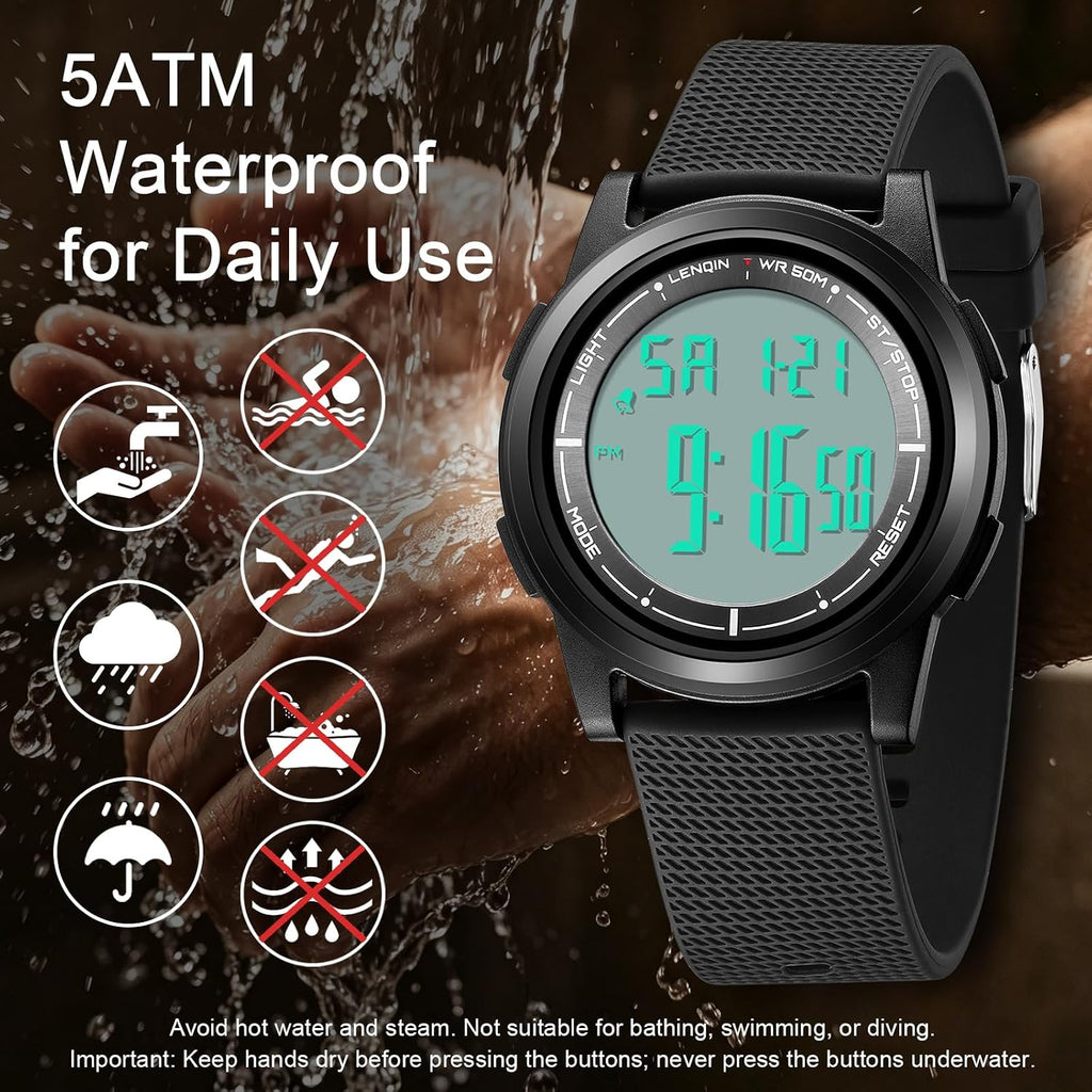 Mens Digital Watch Ultra Thin Sports Waterproof Watches for Men | Minimalist Outdoor LED Screen Large Face Wrist Watches for Men with Back Light Alarm Date Stopwatch Soft Silicone Band