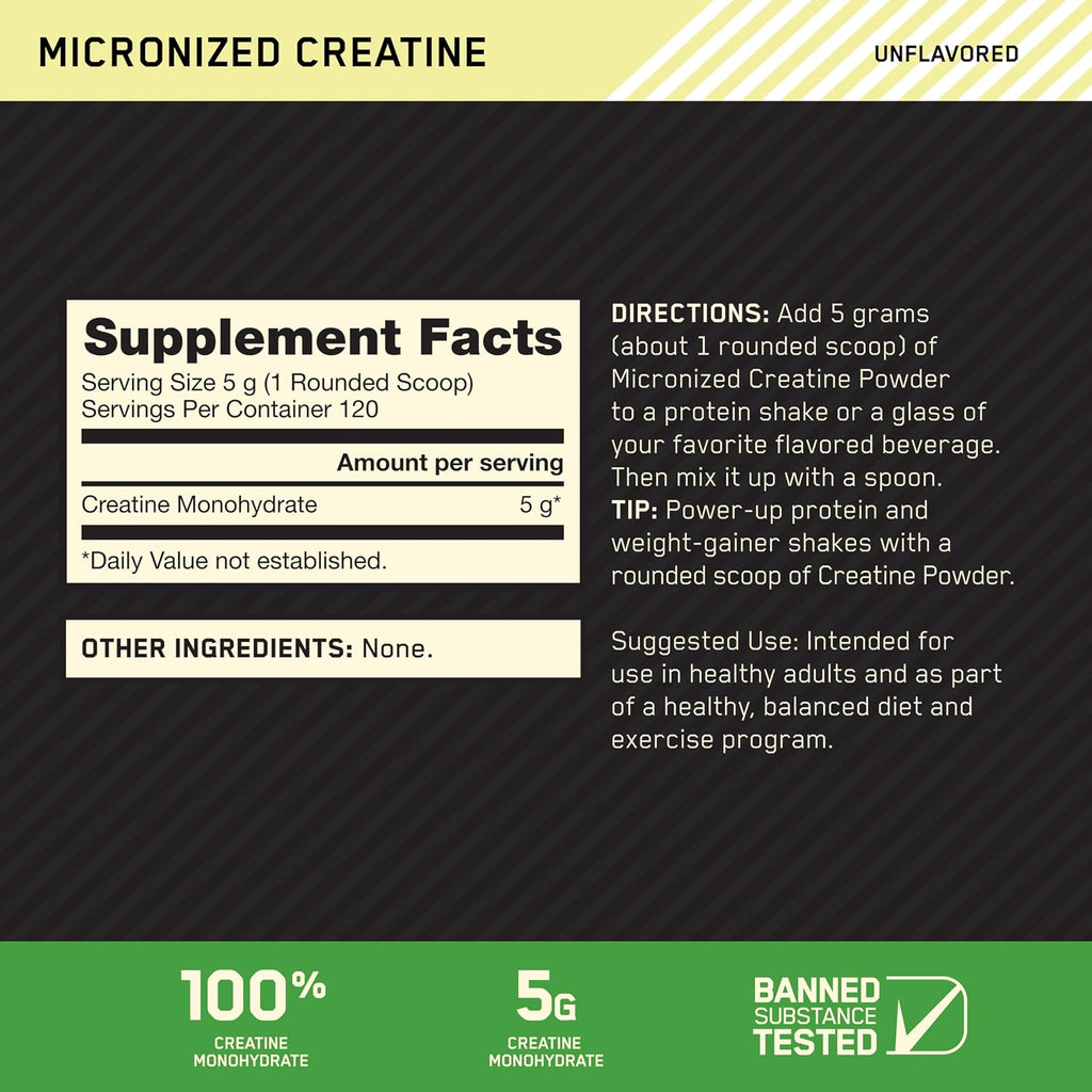 Creatine, Micronized Creatine Monohydrate Powder, Supports Strength & Recovery, Banned Substance Tested, Unflavored, 5 G per Serving, 120 Servings | 5G Micronized Creatine Monohydrate Powder per Serving, Supports Muscle Strength & Power, Easy Mixing, Banned Substance Tested
