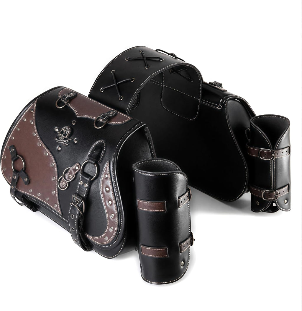 Motorcycle Saddlebags, 30L Leather Waterproof Side Saddle Bags with Cup Holder, Universal Powersports Saddlebags for Harley Davidson Sportster Dyna Softail Honda Shadow Rebel Yamaha Kawasaki Vulcan