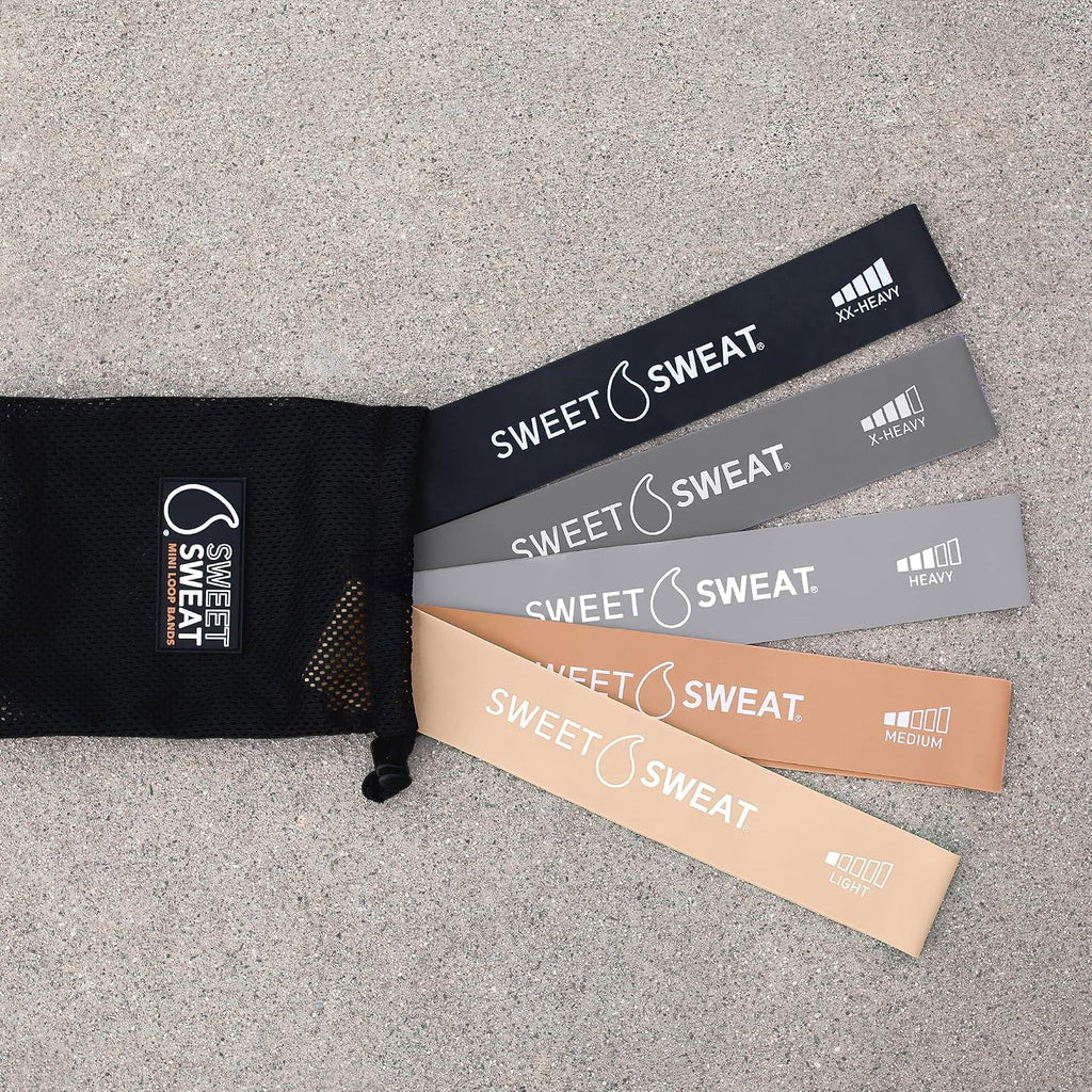 Sweet Sweat® Mini Loop Hip Bands with 5 Levels of Resistance (Toned) | Hip Booty Bands for Squats Lunges Physical Therapy Yoga Pilates Rehab and Home Workout | Non-Latex Elastic Bands W/ Carry-Bag