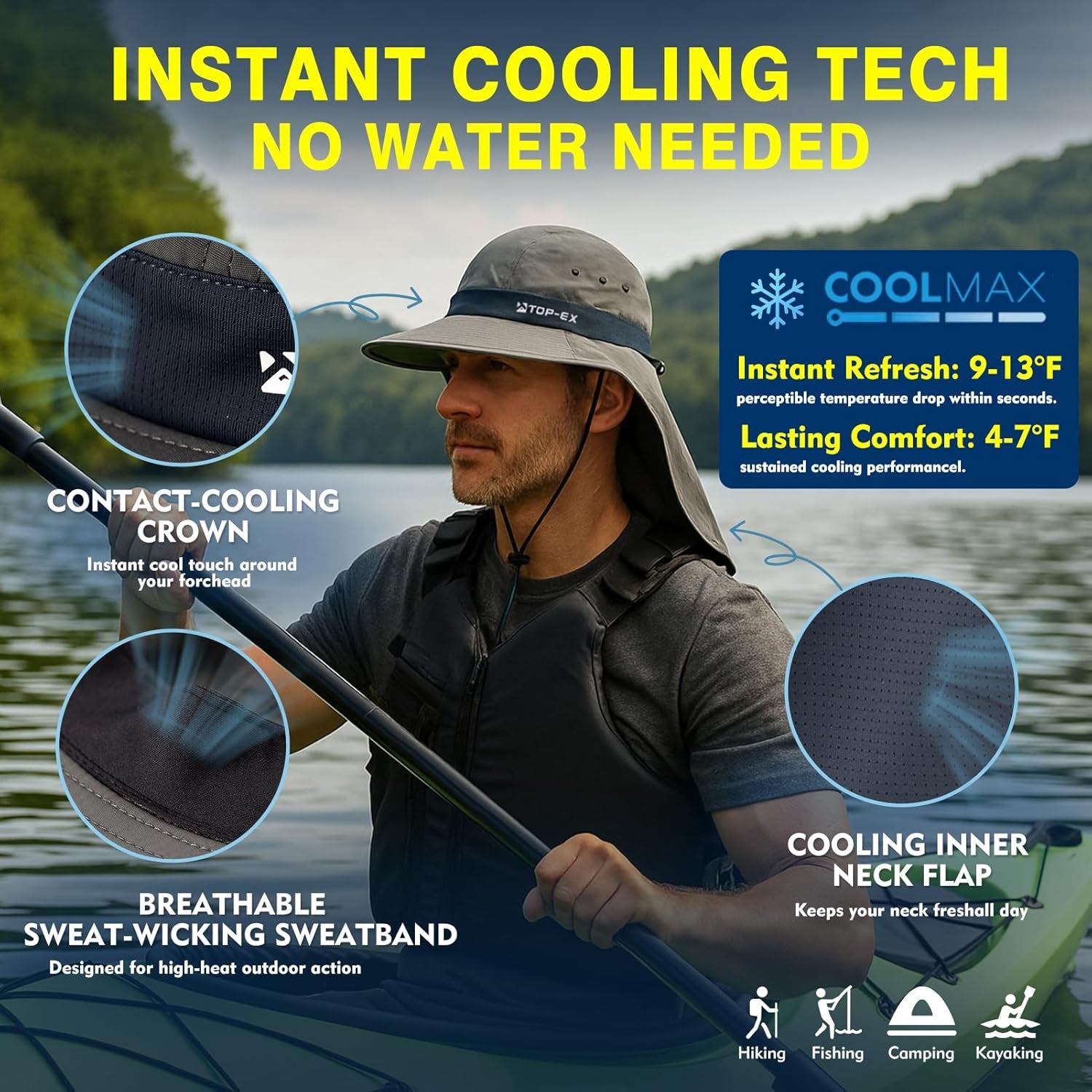 UPF 50+ Cooling Wide Brim Sun Hat for Men with Neck Flap, Packable | Uvcoolix™ Cooling Needs No Water; 3.1 in Rollable Shape-Holding Brim, 9.4 in Neck Coverage, Six Mesh Eyelets, Secure Fit