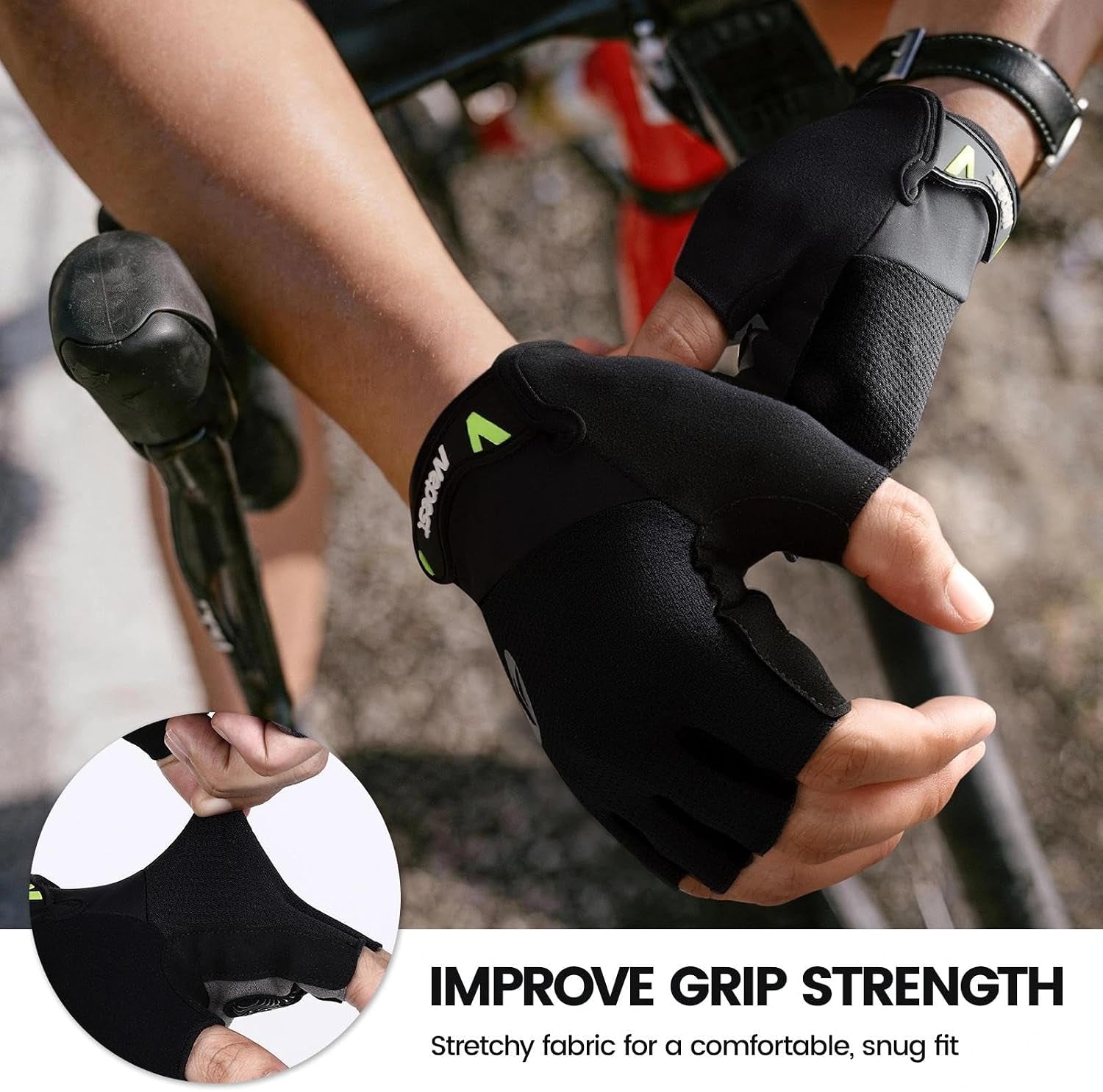 Road Cycling Gloves Gel Padded Absorbing Fingerless Breathable | Moisture-Wicking, Stretchy, Pull Tabs, Anti-Slip Grip, Adjustable Wrist Closure, Reflective, Gravel, MTB
