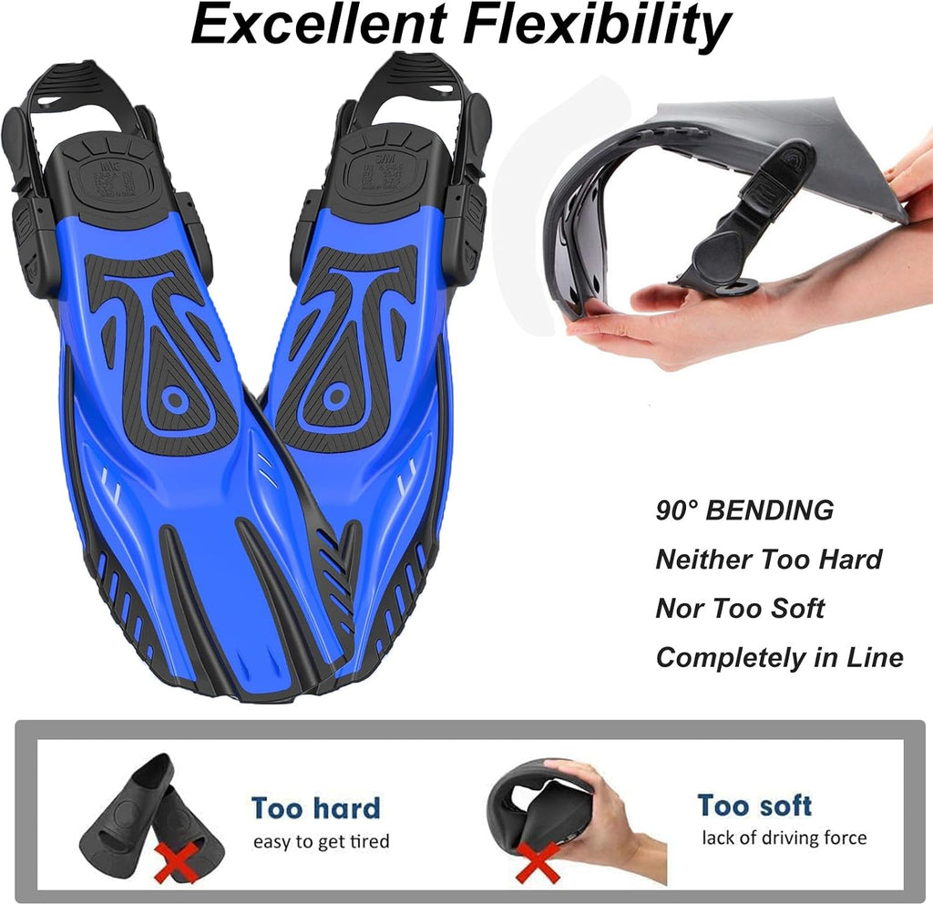 Snorkel Fins Diving Fins Adjustable Buckles Open Heel Swim Flippers Travel Size Short Swim Fins for Snorkeling Diving Swimming Adult Men Womens