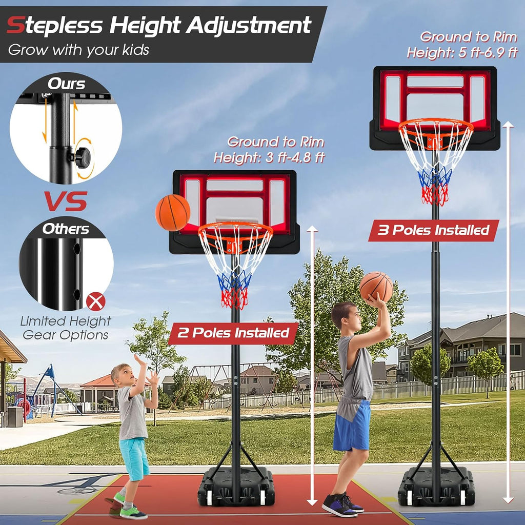 Basketball Hoop Outdoor Indoor, 4.3 FT-8.2 FT Height Adjustable Basketball Goal Court System W/Fillable Base, Backboard & 2 Wheels, Portable Basketball Hoop for Kids Backyard Driveway