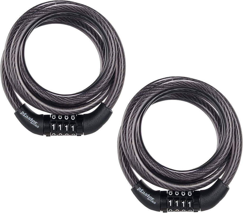 Black Set Preset Combination Bike Lock, Metal Cable Lock Has a Weather Resistant Vinyl Coating for Outdoor Equipment, Bicycles, 4 Feet Long, Pack of 2, 8143T