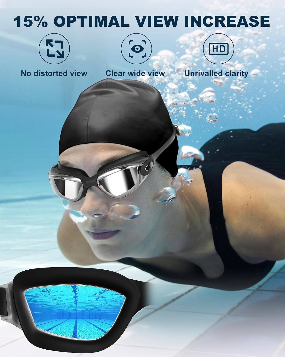 Swim Goggles Swimming Goggles No Leaking with Nose Clip, Earplugs, Swim Cap and Case for Men Women