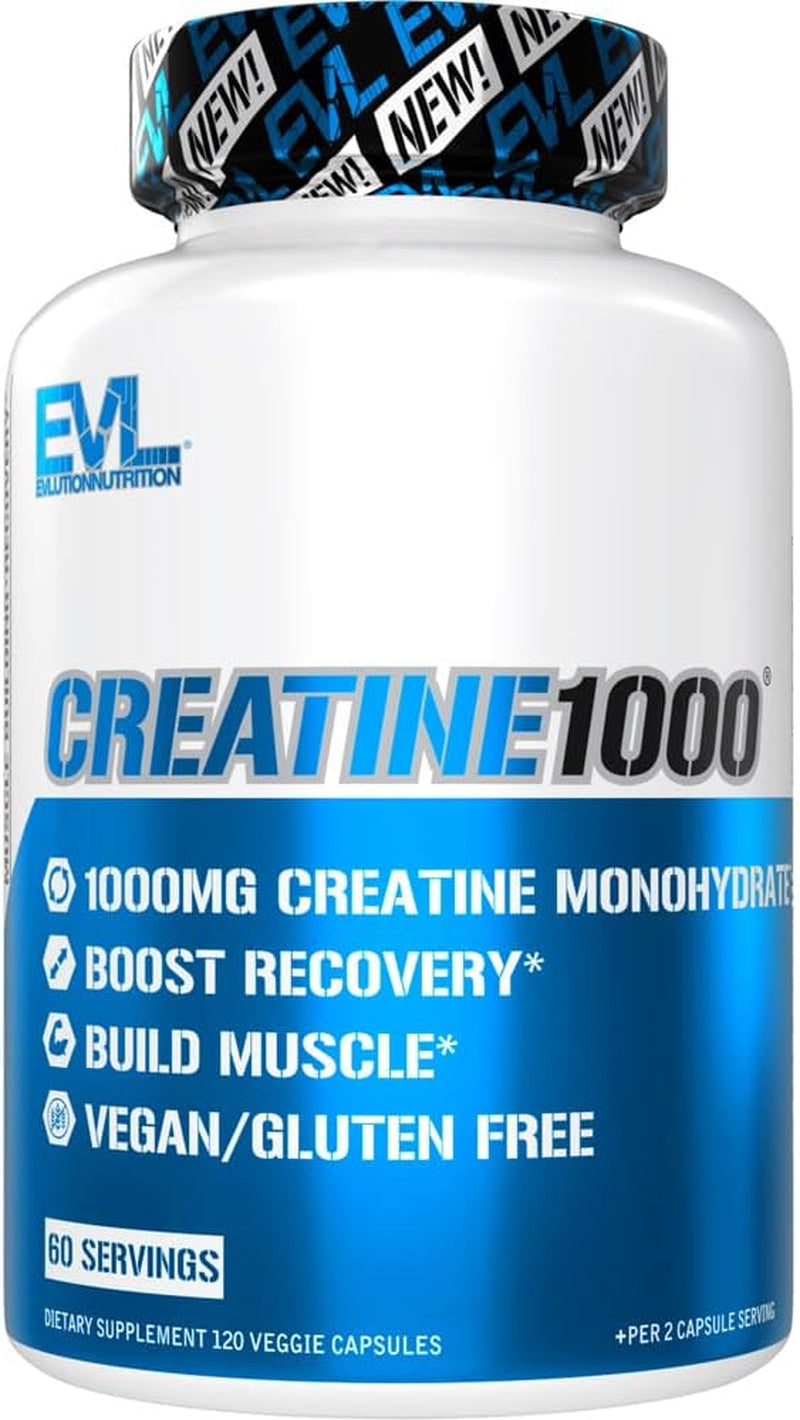 EVL Creatine Monohydrate Capsules Pre & Post Workout Supplement 60 Servings | Vegan and Gluten-Free Creatine Pills with 500Mg per Capsule Support Muscle Strength, Performance and Recovery
