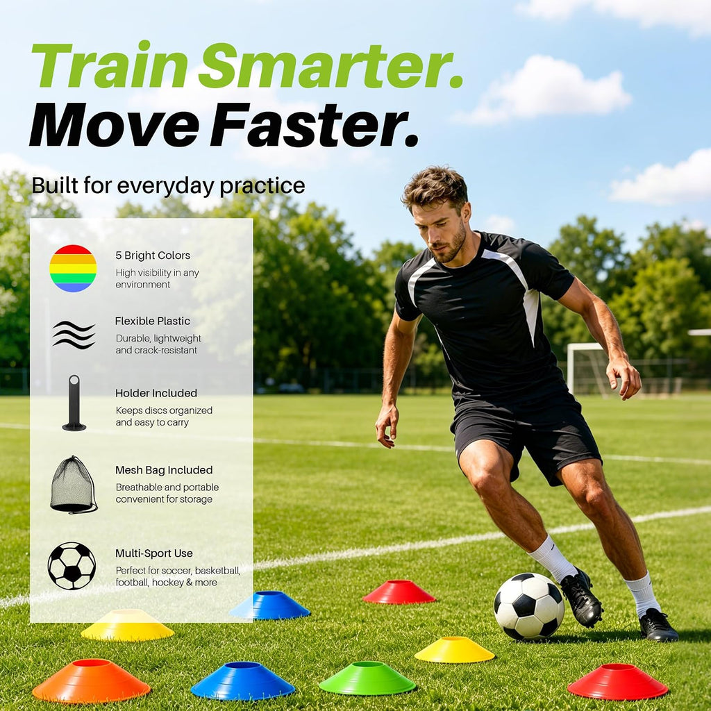 50/100PCS Soccer Cones with Carry Bag & Holder, Agility Disc Cones | 5 Color Sports Training Equipment, Football, Basketball, Speed Drills, Coaching & PE Classes
