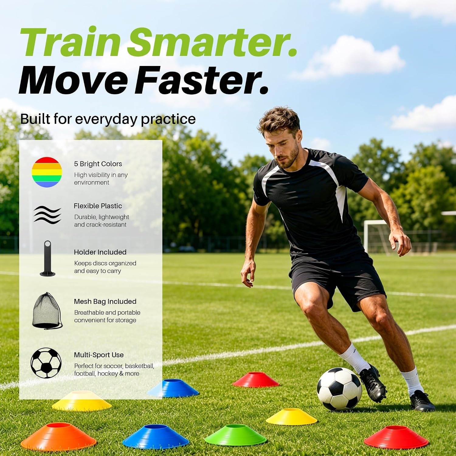50/100PCS Soccer Cones with Carry Bag & Holder, Agility Disc Cones | 5 Color Sports Training Equipment, Football, Basketball, Speed Drills, Coaching & PE Classes