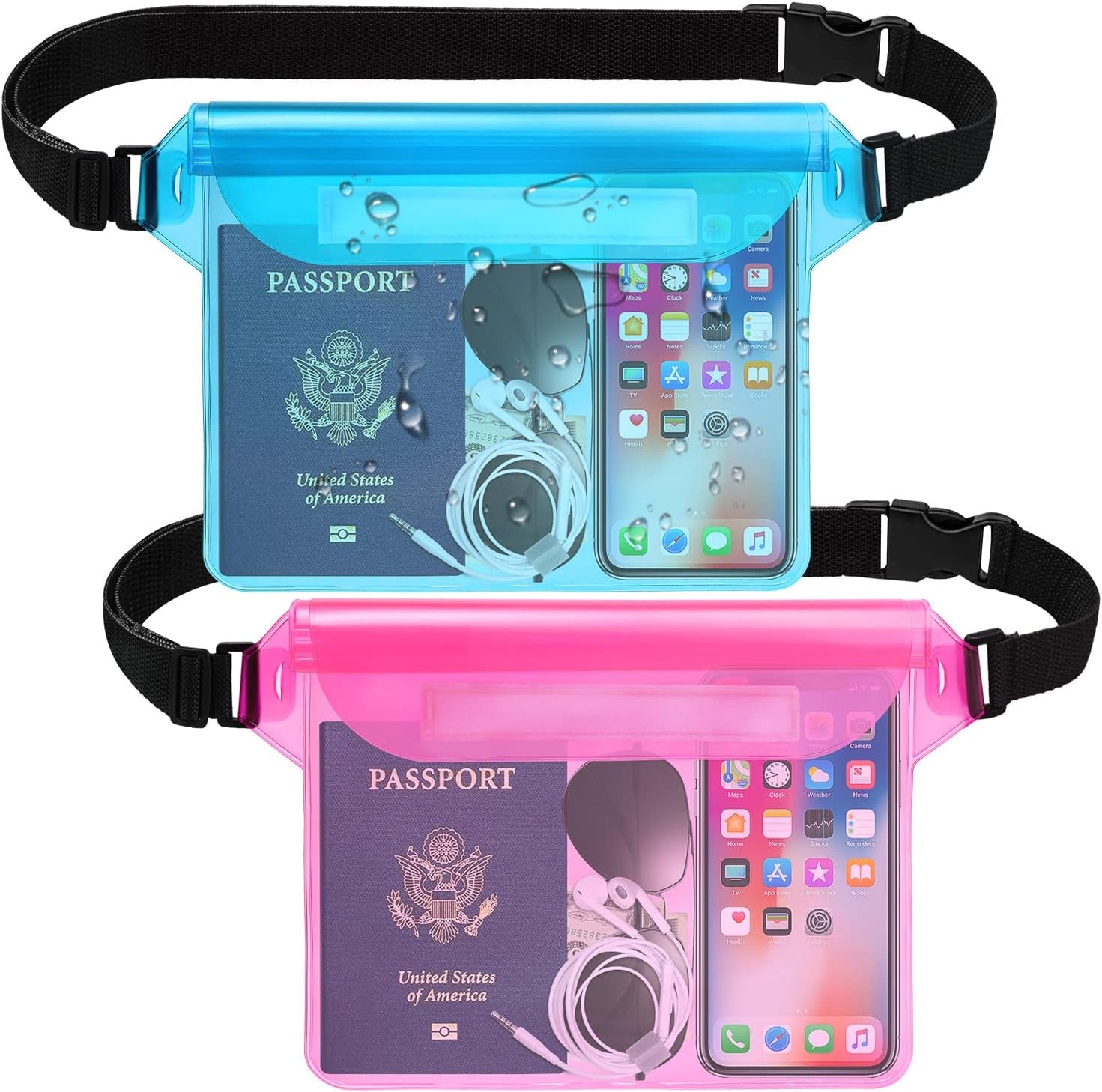 Waterproof Pouch with Waist Strap, Waterproof Fanny Pack Keep Phone Valuables Safe and Dry Beach Accessories for Vacation Boating Swimming Snorkeling Kayaking Pool(2 Pack,Blue+Pink)