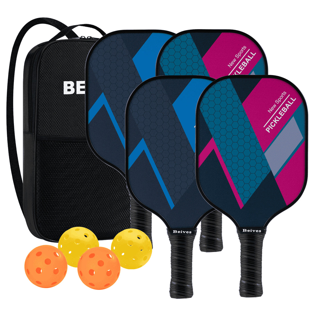 Pickleball Paddles Set of 4, Fiberglass Surface &amp; Polypropylene Core 4 Balls &amp; Carry Bag