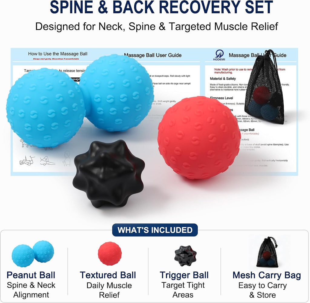 Massage Ball Set, 3 Pack Spiky Ball, Lacrosse Ball & Peanut Massage Roller for Trigger Point Therapy, Deep Tissue Muscle Relaxation for Back, Neck, Hip, Leg & Foot with Mesh Bag